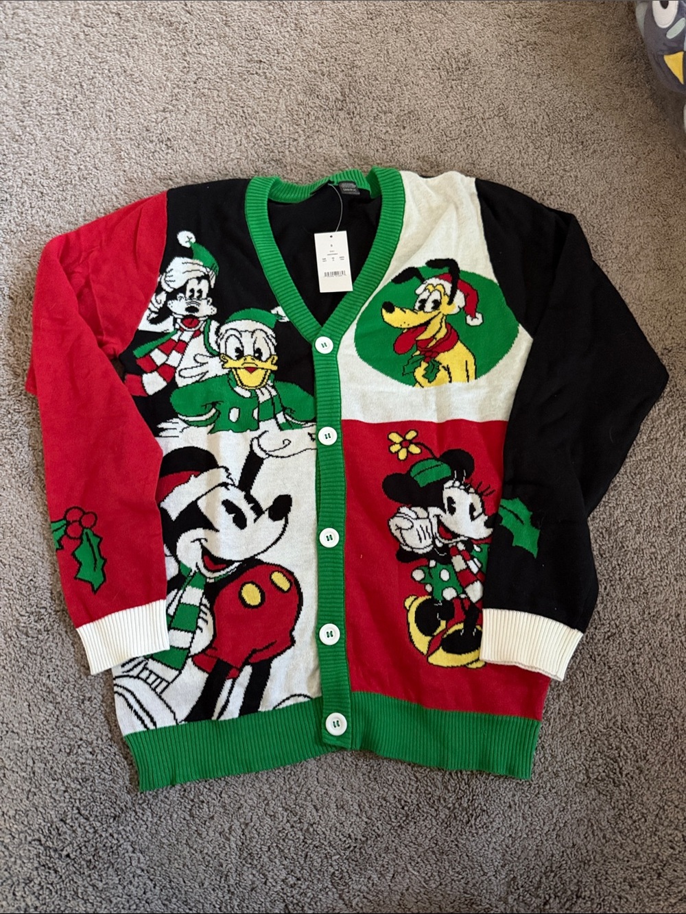 Disney Colorblock Holiday Character Cardigan Sweater - Red, Green, Black, White